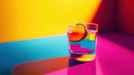 Sticker - A vibrant glass of water with a citrus slice against a colorful backdrop.