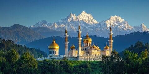 Wall Mural - A majestic mosque surrounded by lush greenery and snow-capped mountains under a clear sky.