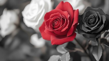 Poster - A striking red rose among black and white roses, symbolizing love and beauty.