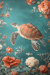 Wall Mural - underwater life, a peaceful underwater wallpaper showcasing colorful fish, sea turtles, and coral reefs in a serene aquamarine setting