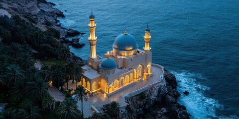 Wall Mural - A mosque illuminated at dusk near the ocean, surrounded by palm trees and rocky coastline.