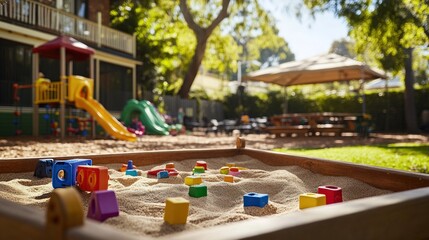 A vibrant playground featuring a sandpit with colorful toys and play structures.