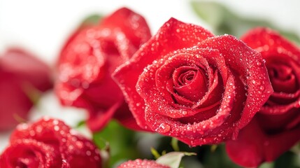 Poster - Close-up of fresh red roses adorned with water droplets, symbolizing love and beauty.