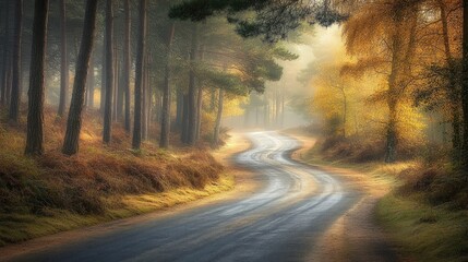 Poster - A winding road through a misty forest, showcasing autumn colors and serene nature.