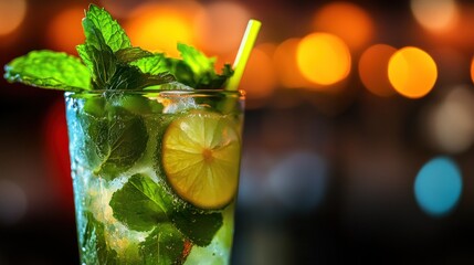 Wall Mural - A refreshing mojito cocktail garnished with mint and lime, served in a glass.