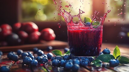 A vibrant glass of blueberry juice splashes, surrounded by fresh blueberries and mint leaves.