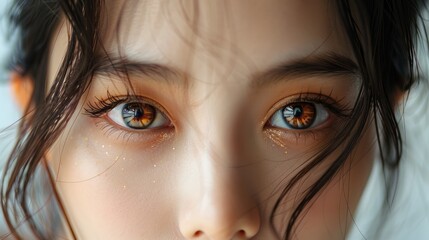 Close-up shot of beautiful Asian woman eyes on white background