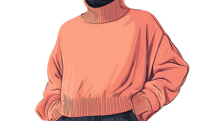 Wall Mural - An illustrated design of a  woman wearing a warm, peach-colored turtleneck sweater.