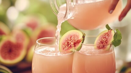 Wall Mural - Refreshing pink drinks with fig slices, served in elegant glasses for a summer gathering.