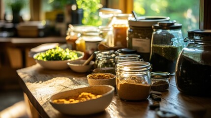 Canvas Print - A vibrant kitchen scene with various jars of spices and fresh ingredients on a wooden table.