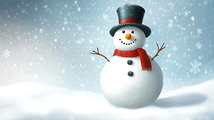 Wall Mural - Happy snowman with a black top hat and red scarf, smiling and standing in snowy winter scene.