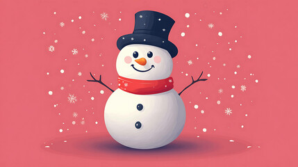 Wall Mural - A happy snowman wearing a red scarf and black hat with snowflakes falling around him.