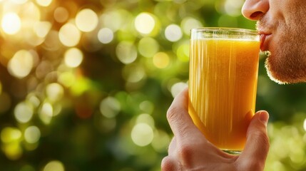 Poster - A person enjoying a refreshing drink in a lush, sunlit environment.