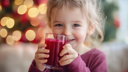 Poster - A smiling child holding a glass of red juice, set against a festive background.