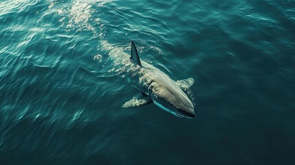 A great white shark swimming close to the ocean surface, its powerful body creating ripples as it moves with purpose. A dramatic and thrilling scene.