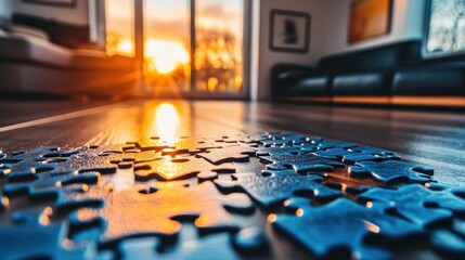 Wall Mural - A close-up of a puzzle piece on a wooden floor with a sunset view through large windows.