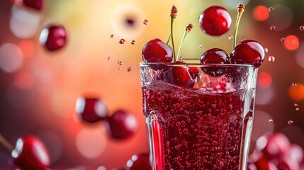 Wall Mural - A refreshing glass of cherry soda with floating cherries and bubbles.