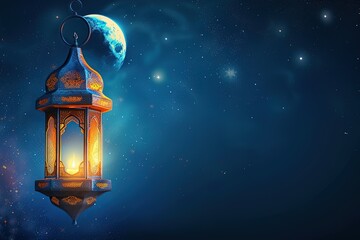 Holy month of Ramadan concept. Burning, lighting, glowing Ramadan Lantern on white table on the background of a dark blue textured wall. Greetings card. Place for text on the left.