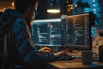 Poster - A person sitting at desk with multiple screens and equipment