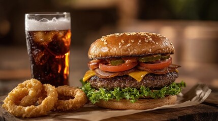 Sticker - A delicious burger with lettuce, tomato, and cheese, served with onion rings and a cola.