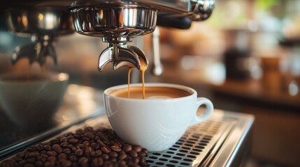 Wall Mural - Espresso being brewed into a white cup with coffee beans scattered nearby.