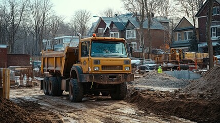 Wall Mural - A yellow dump truck at a construction site surrounded by houses and machinery.