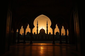 Holy month of Ramadan concept. Burning, lighting, glowing Ramadan Lantern on white table on the background of a dark blue textured wall. Greetings card. Place for text on the left.