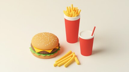 Wall Mural - A colorful fast food meal featuring a burger, fries, and drinks.