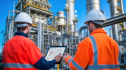 Wall Mural - Two workers in safety gear examine data on a tablet in an industrial setting.