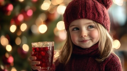 Sticker - A cheerful child in festive attire holds a glass of red drink, surrounded by holiday lights.