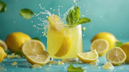 Canvas Print - A refreshing lemon drink splashes in a glass, surrounded by lemons and mint leaves.