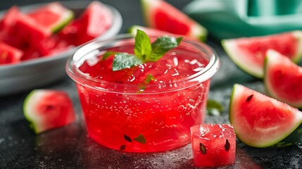 Wall Mural - Watermelon jelly on the granite countertop in a container