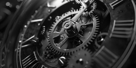 Poster - A close-up view of clockwork gears in black and white
