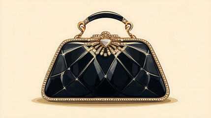 A black and gold jeweled clutch purse with a diamond pattern.