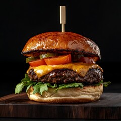 Sticker - This delicious burger showcases a perfectly charred patty smothered in melted cheddar, complemented by crispy lettuce and juicy tomatoes, all secured by a wooden skewer