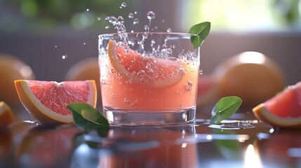 Canvas Print - A refreshing drink with grapefruit slices, splashing in a glass, surrounded by fruit.