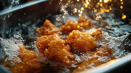 Fried chicken being deep-fried in a large pot of hot oil, close-up shot showing the bubbles and crispy coating forming. Dramatic lighting emphasizes the heat.