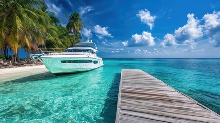 Poster - Luxury Yacht Docked at a Tropical Paradise