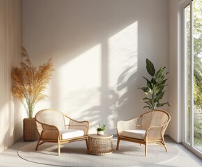 Wall Mural - A cozy, minimalist seating area with plants and natural light.