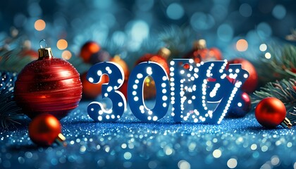 Wall Mural - Glittering Christmas Sale Announcement on Vibrant Blue Background with Festive Ornaments and Decorations