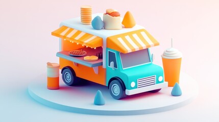 Wall Mural - A colorful food truck model with various treats on top, showcasing a vibrant street food theme.