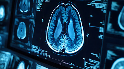 Poster - a close-up of a brain scan on a computer screen. the scan shows the structure of the brain in detail