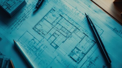 Sticker - Blueprint of a building layout with pens on a wooden surface.