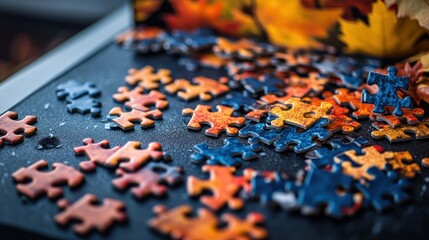 Wall Mural - A scattered collection of jigsaw puzzle pieces in autumn colors on a table.