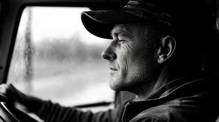 Poster - A contemplative man driving in a rain-soaked environment, captured in black and white.