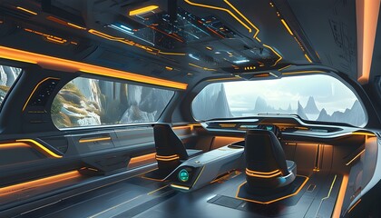 Wall Mural - Futuristic vehicle interior showcasing luminous controls and an immersive perspective of an advanced tunnel environment