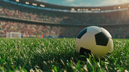 Poster - A close-up of a soccer ball on a grassy field in a stadium, capturing the essence of sports.