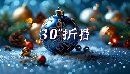 Poster - Glittering Christmas Sale Announcement on Vibrant Blue Background with Festive Ornaments and Decorations