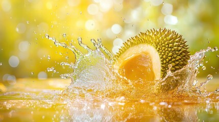 Poster - A durian fruit splashes into water, creating a dynamic and vibrant visual effect.