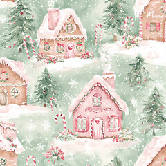 Seamless pattern with cute winter houses and trees, in pastel colors, vector illustration. 